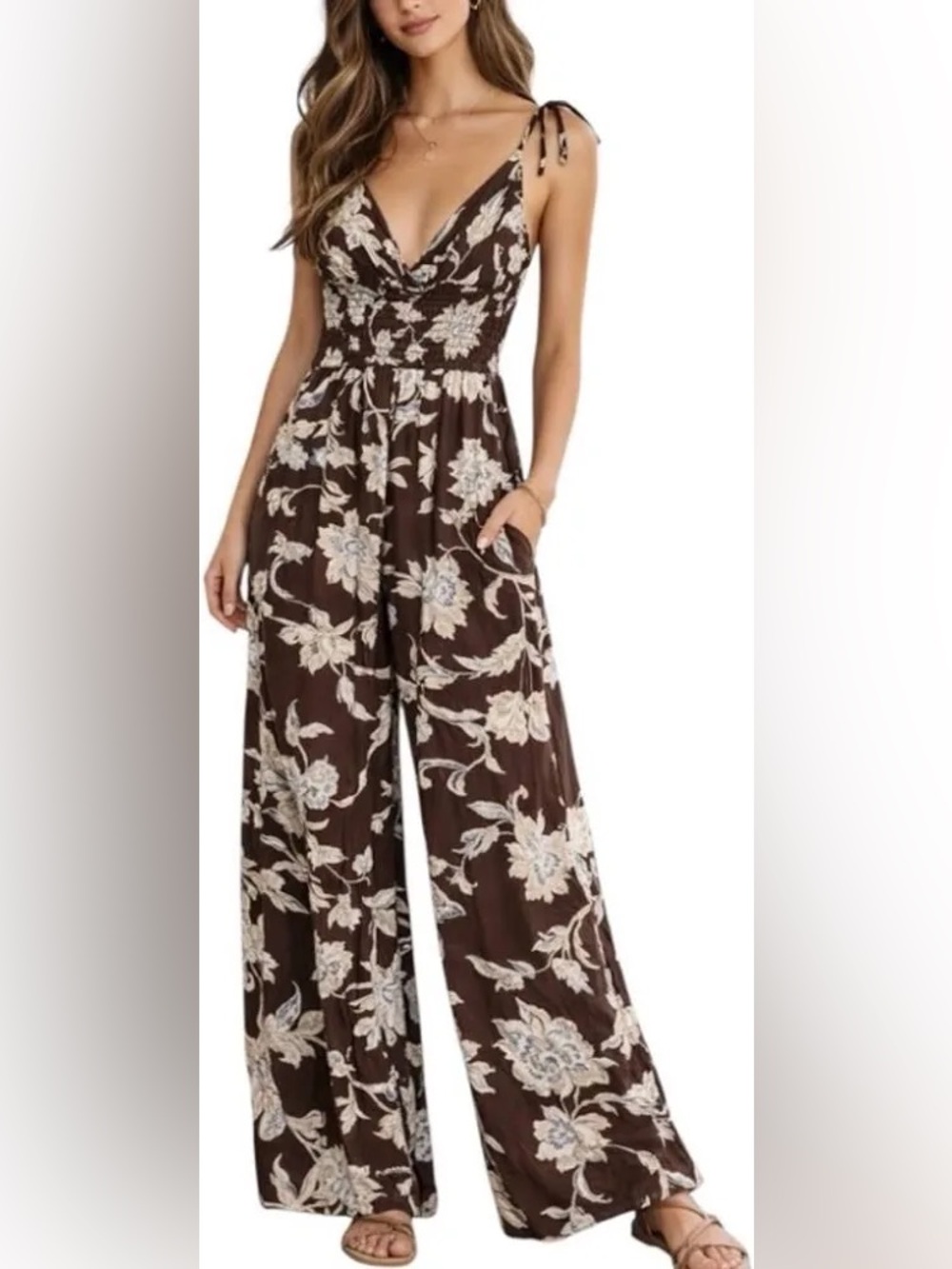 Patrons of Peace Tie Strap Smocked Bodice Wide Leg Jumpsuit, Brown Floral, L NWT
